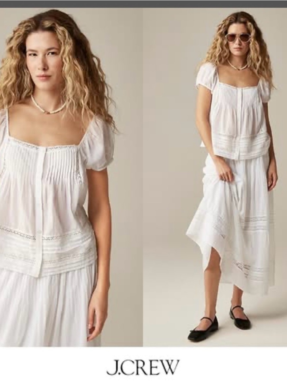 J-Crew White Cotton Peasant Tunic Blouse and pleated midi skirt matching sets